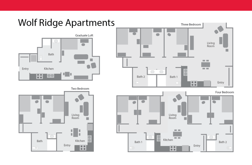 Floor plans for a graduate loft, two-bedroom, three-bedroom and four-bedroom apartment in Wolf Ridge. 