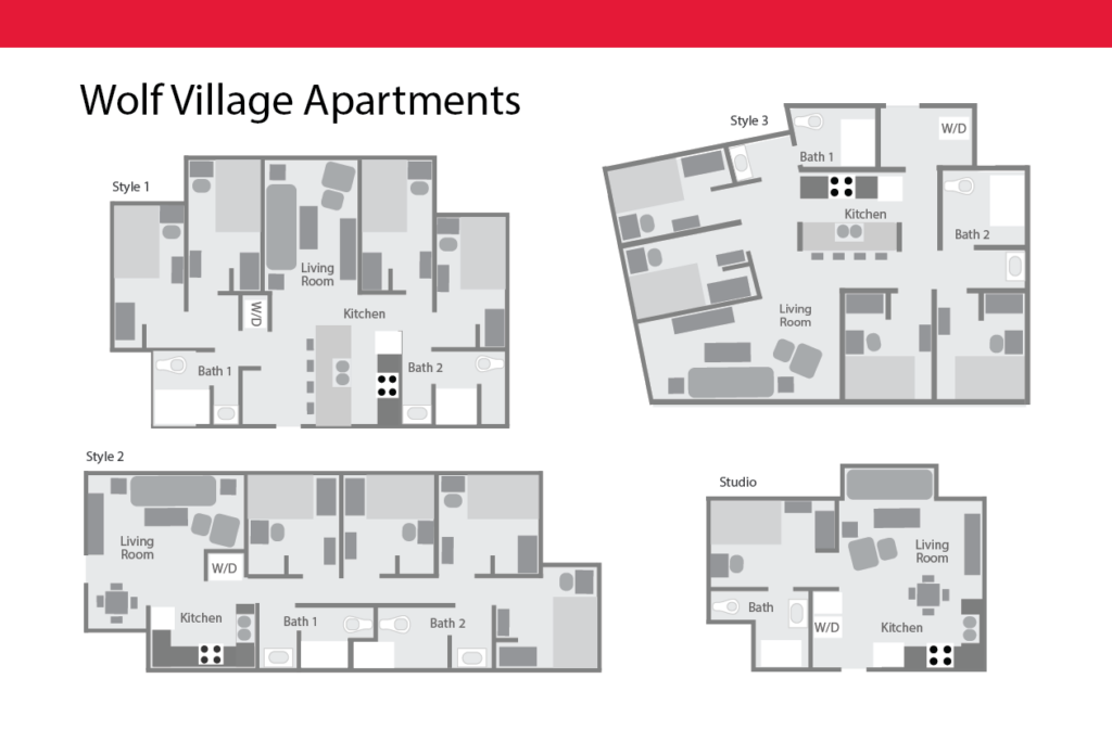 Floor plans of the studio and three apartment styles at Wolf Village. 