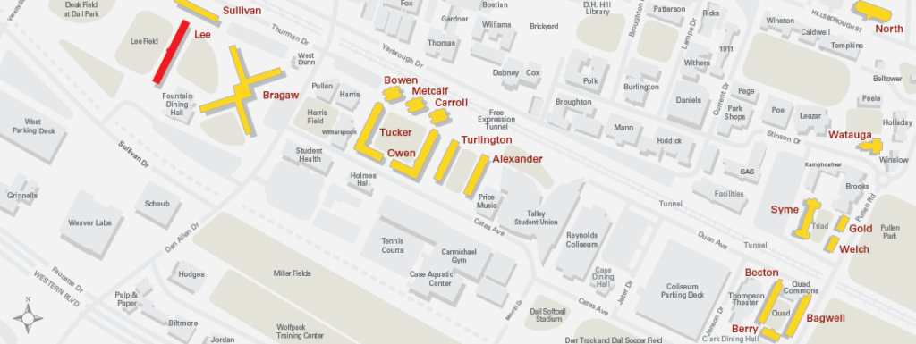 Campus map with Lee Hall highlighted in red. 