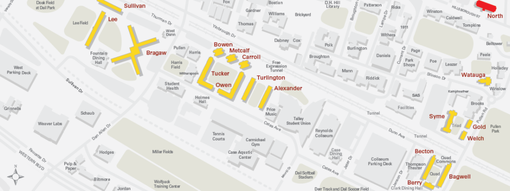 Campus map with North Hall highlighted in red. 
