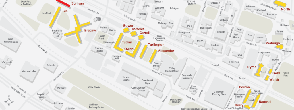 Campus map with Sullivan residence hall highlighted in red. 