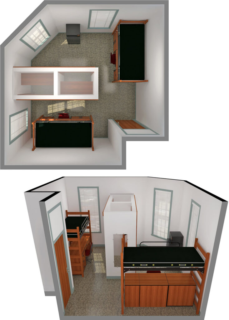 Model room layout for one double room style in Syme Hall. 