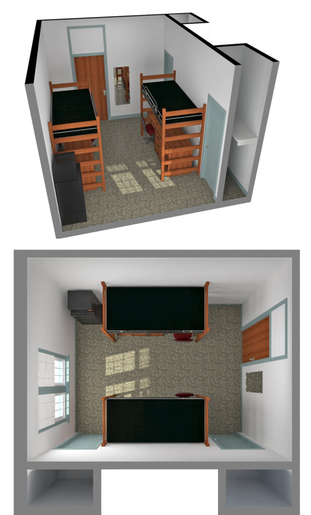 Model room layout for a double room style in Syme Hall. 
