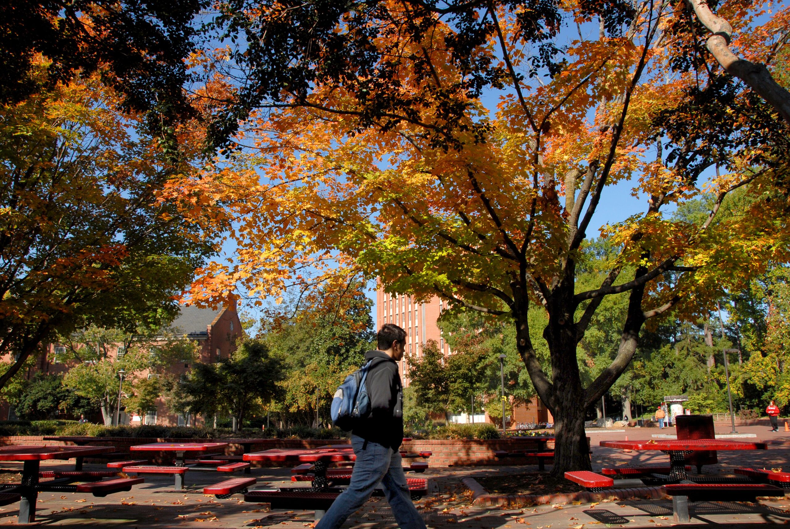 Students walking past Tri-Towers in the fall.