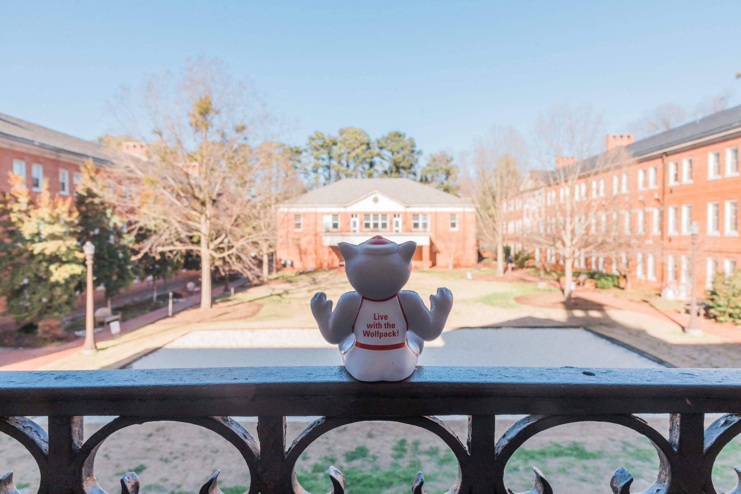 Mini Mr. Wuf toy in front of the Quad community.