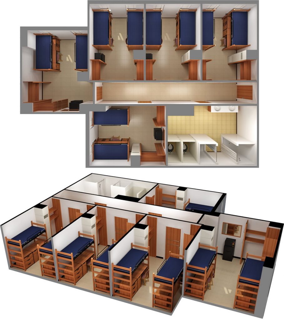 Layout of a five-room suite in Bowen, Metcalf, or Carroll residence halls. 