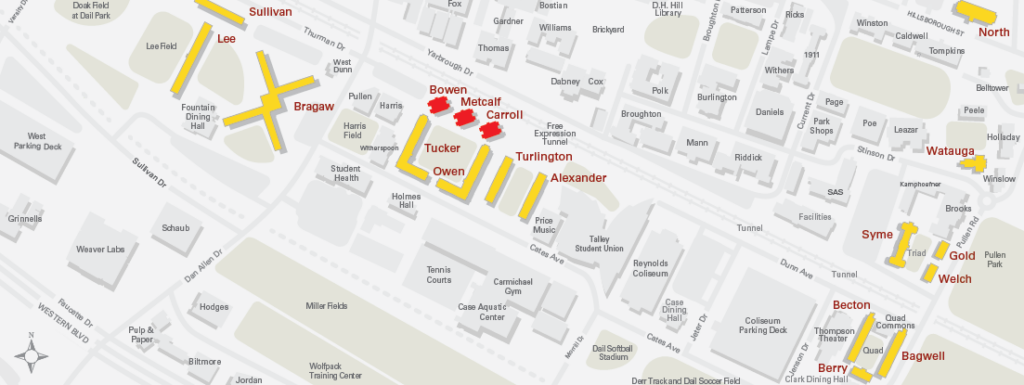 Campus map with Bowen, Metcalf and Carroll residence halls highlighted in red. 
