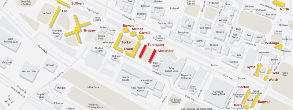 Map of campus with Turlington and Alexander residence halls highlighted in red. 