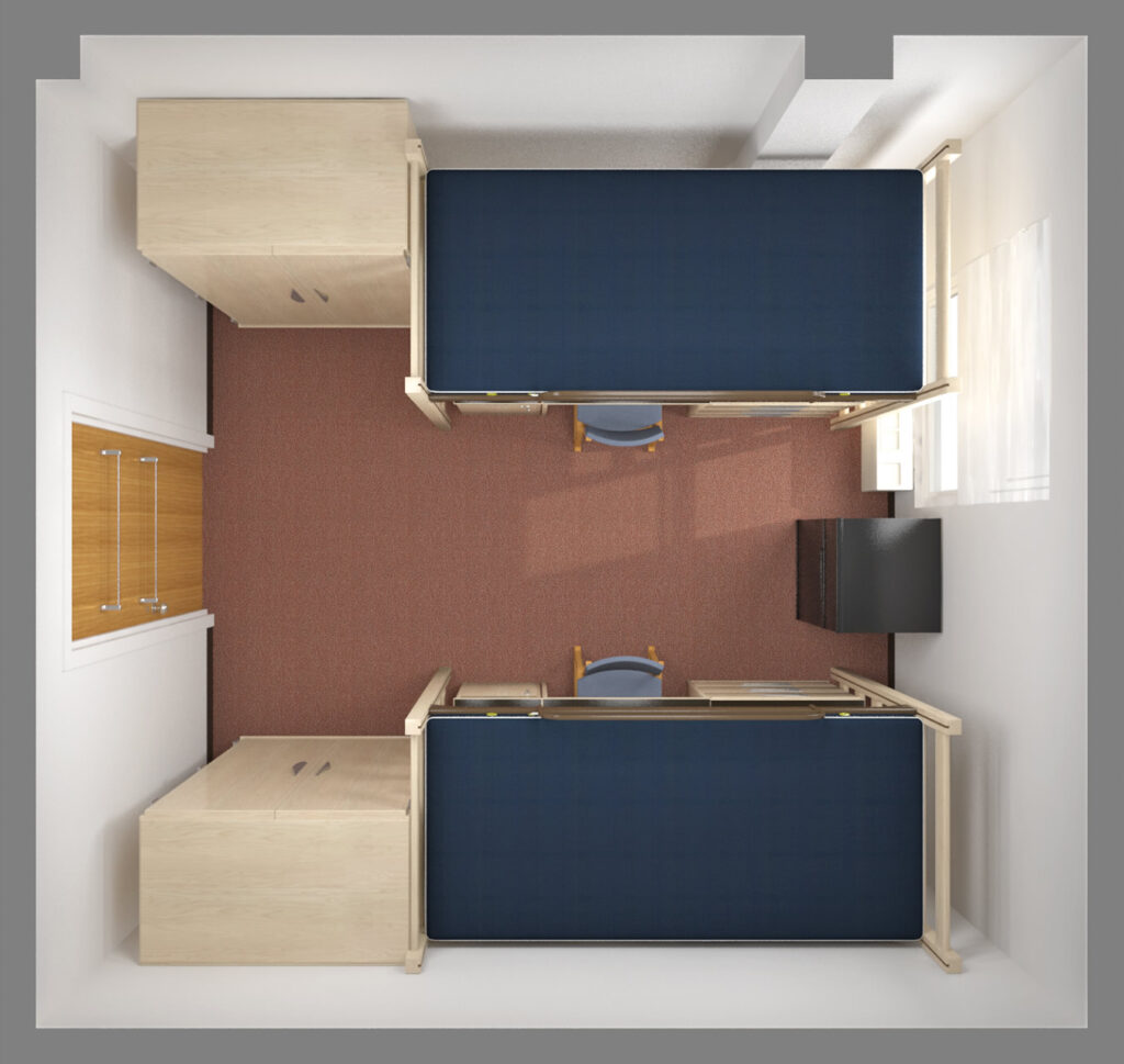 Model room layout of a double-occupancy room in Watauga residence hall. 