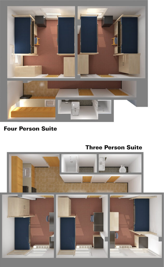 Suite layouts for a four-person and three-person suite in Watauga residence hall. 