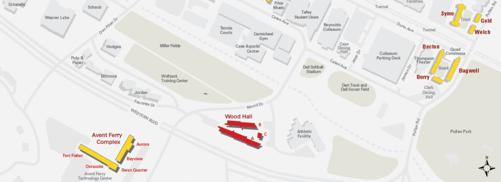 Campus map with Wood residence hall highlighted in red. 
