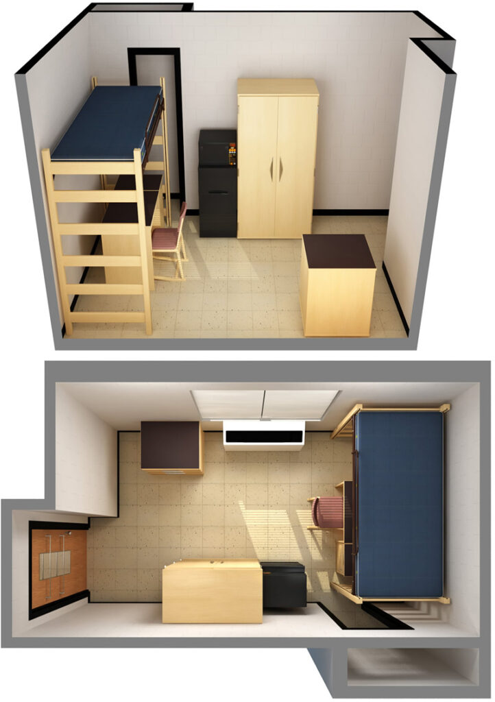 Model room layout for rooms B and J in Wood Hall. 