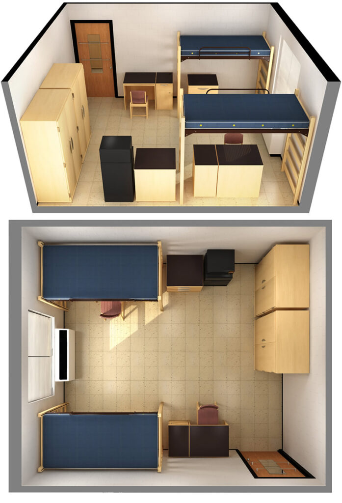 Model room layout for rooms D and G in Wood Hall. 