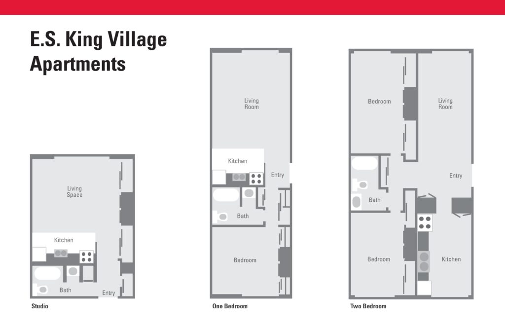 Average floor plans for a studio, one-bedroom and two-bedroom apartment in E.S. King Village. 