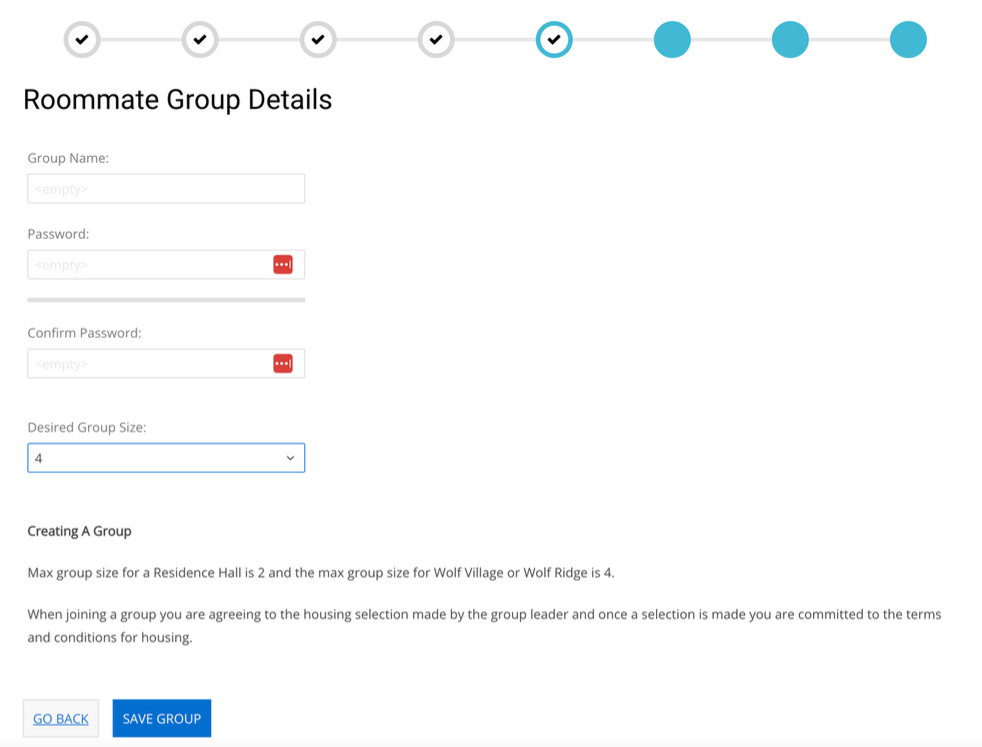 Screenshot of the Roommate Group creation page