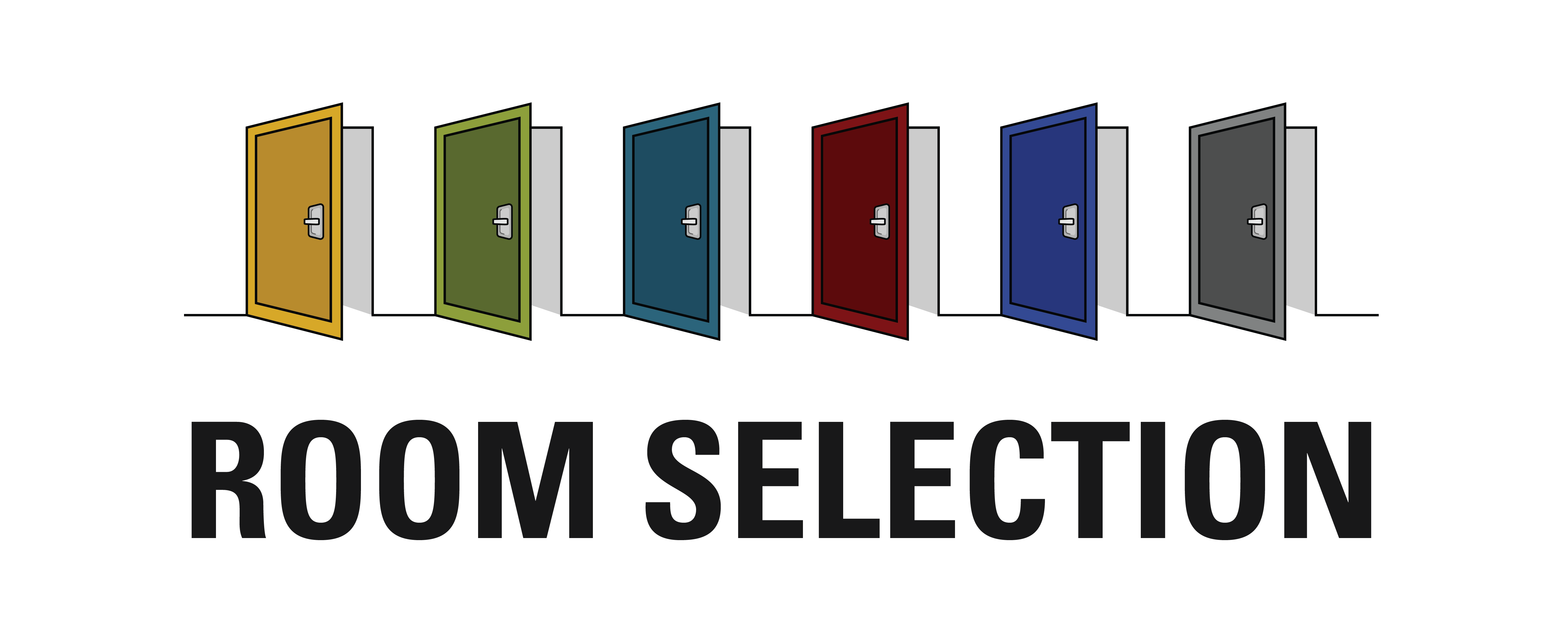 Doors of various bright colors and the words "Room Selection"